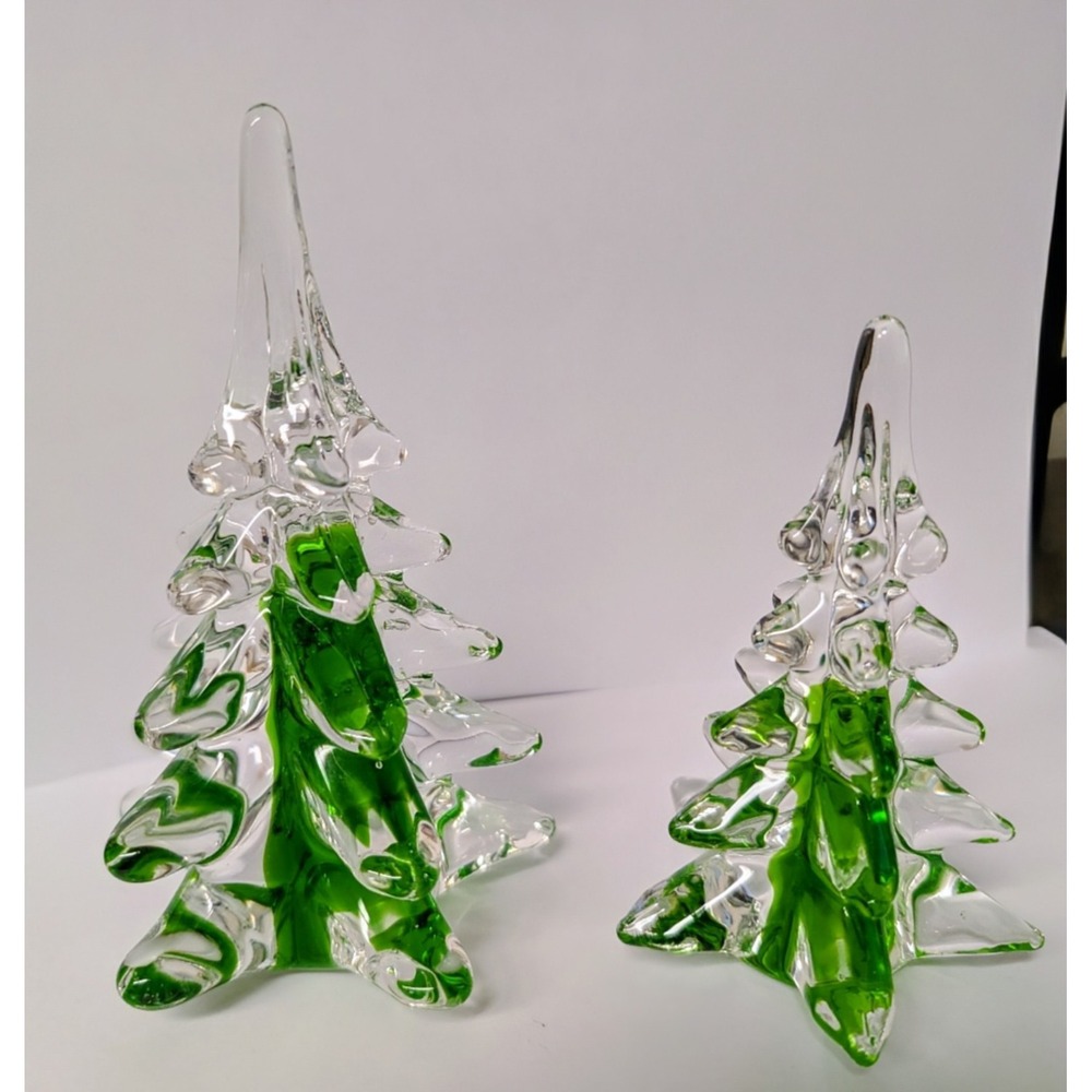 2 VTG Silvestri 5" & 4" Geen & Clear Blown Glass Crystal Christmas Trees